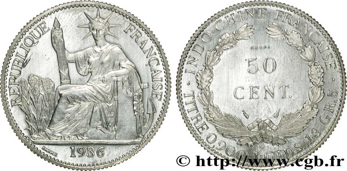 III REPUBLIC - INDOCHINE Essai de 50 cent en aluminium, léger 1936 Paris SC 