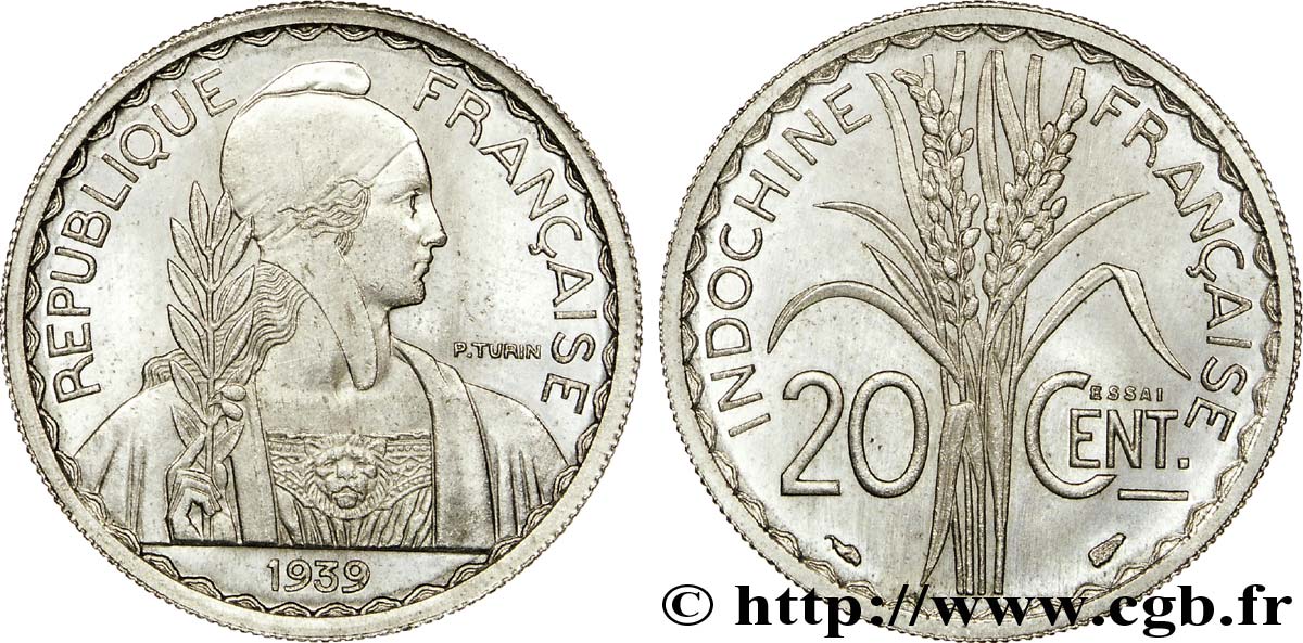 III REPUBLIC - INDOCHINA Pré-série avec le mot Essai 20 centimes, 6,8 g ? 1939 Paris MS 