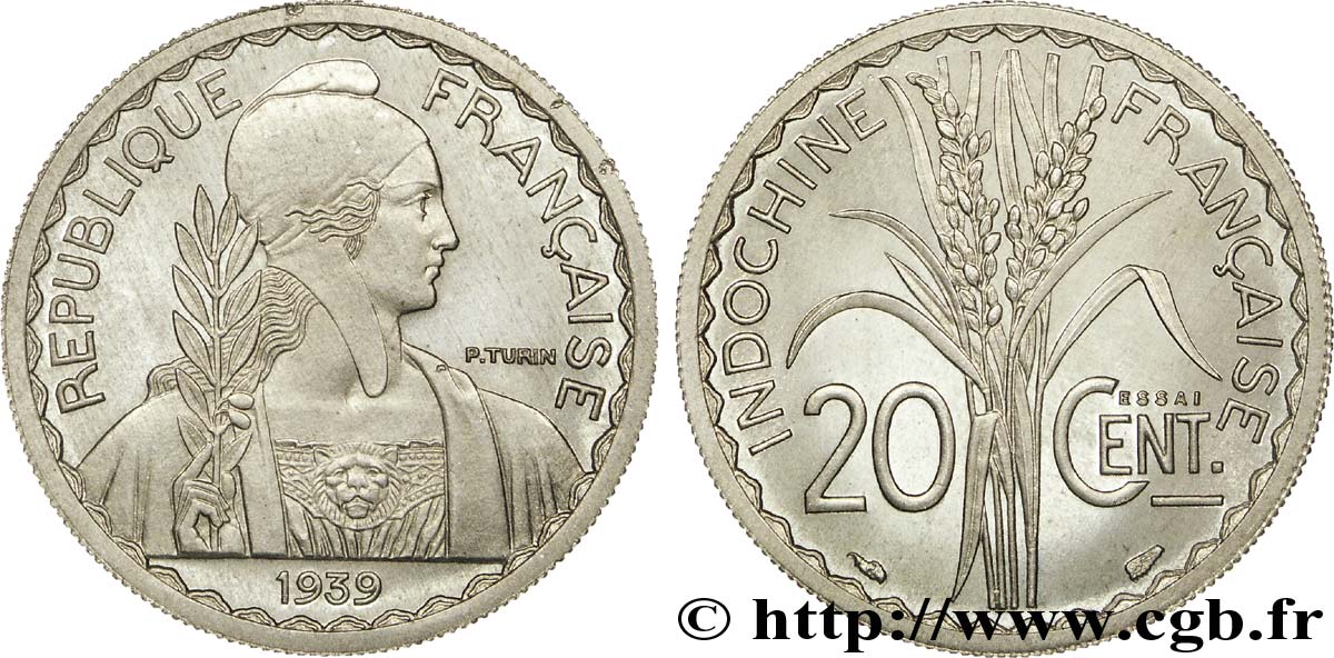 III REPUBLIC - INDOCHINE Pré-série avec le mot Essai 20 centimes, 5 g ? 1939 Paris ST 
