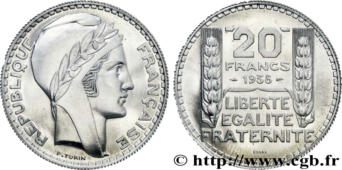 Préparation de la 20 francs Pétain, type Turin, essai en aluminium, tranche striée, 5,5 g 1938 Paris VG.cf. 5489 B ST 