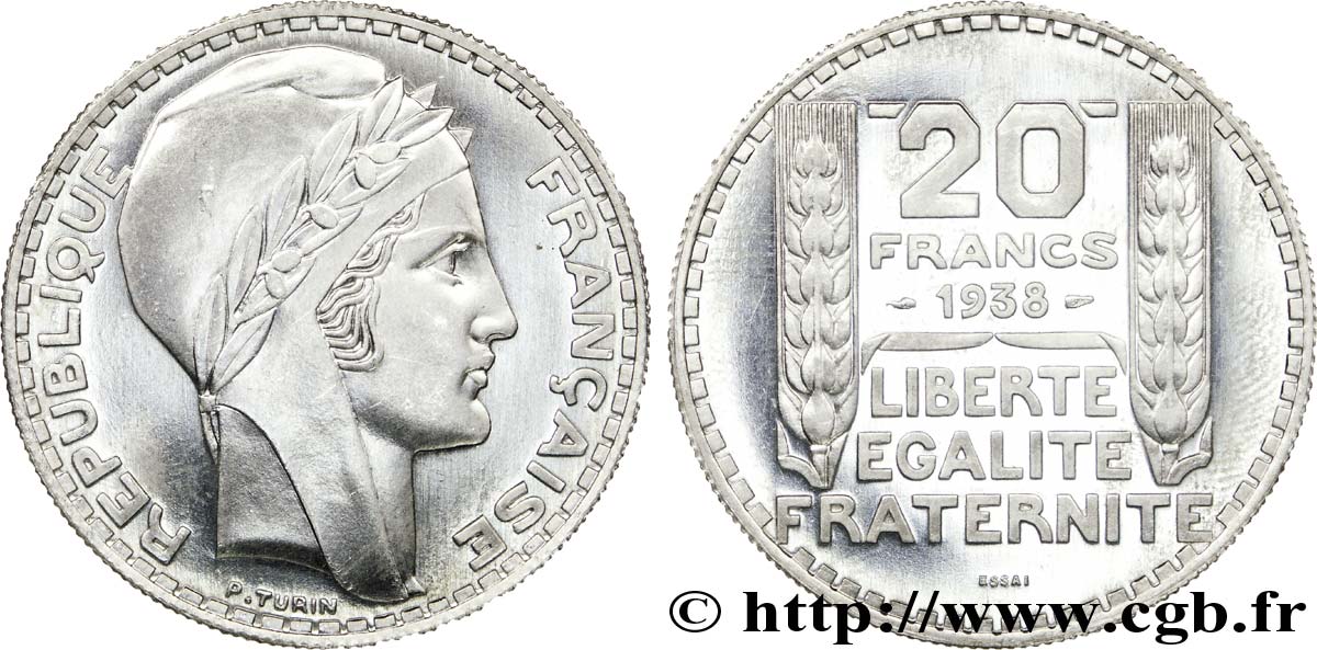 Préparation de la 20 francs Pétain, type Turin, essai en aluminium, tranche striée, 5 g 1938 Paris VG.cf. 5489 B MS 