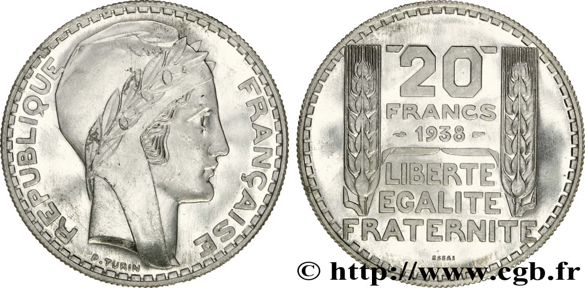 Préparation de la 20 francs Pétain, type Turin, essai en aluminium, tranche striée, 3,6 g 1938 Paris G.853  MS 