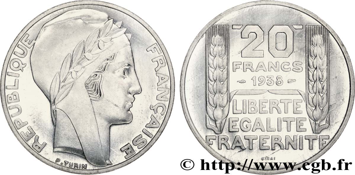 Préparation de la 20 francs Pétain, type Turin,  essai tranche lisse en aluminium, 4 g 1938 Paris VG.5489  b MS 