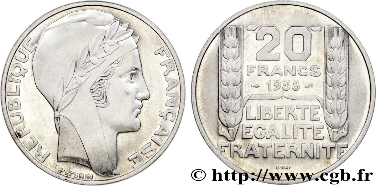 Préparation de la 20 francs Pétain, type Turin, essai, tranche lisse en aluminium, 3,6 g 1938 Paris VG.5489  b FDC 