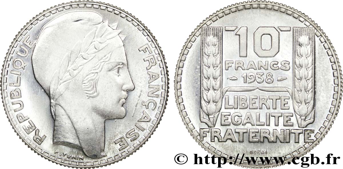 Préparation de la 10 francs Pétain, type Turin, essai en aluminium, tranche striée, léger 1938 Paris VG.cf. 5489 c MS 