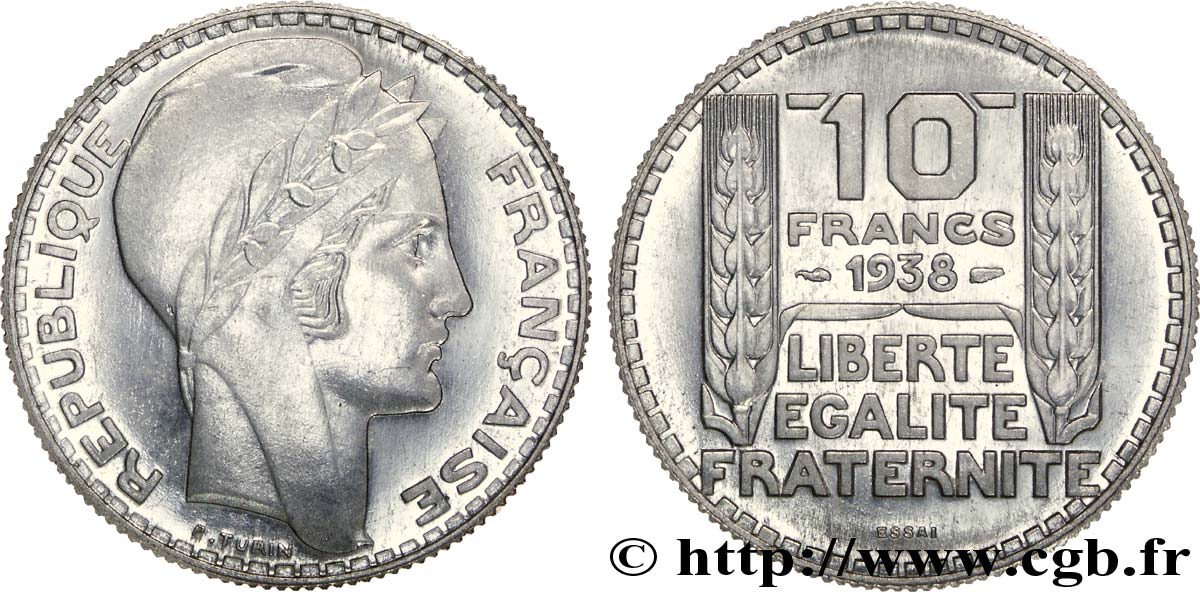 Préparation de la 10 francs Pétain, type Turin, essai en aluminium, tranche striée, léger 1938 Paris VG.cf. 5489 c SPL 