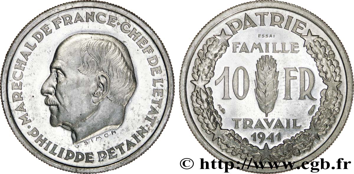 Essai de 10 francs Pétain en aluminium de Simon, lourd 1941 Paris VG.5571  MS 