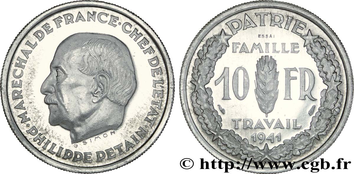 Essai de 10 francs Pétain en aluminium de Simon, poids moyen 1941 Paris VG.5571  FDC 