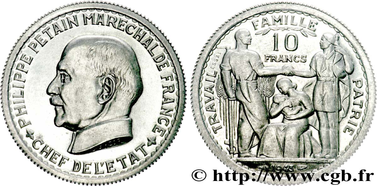 Essai de 10 francs Pétain en aluminium de Bazor/Vézien 1943 Paris G.809 var fST 