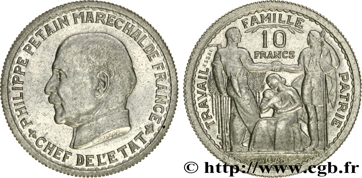 Essai de 10 francs Pétain en aluminium de Bazor/Vézien 1943 Paris G.809 var EBC 