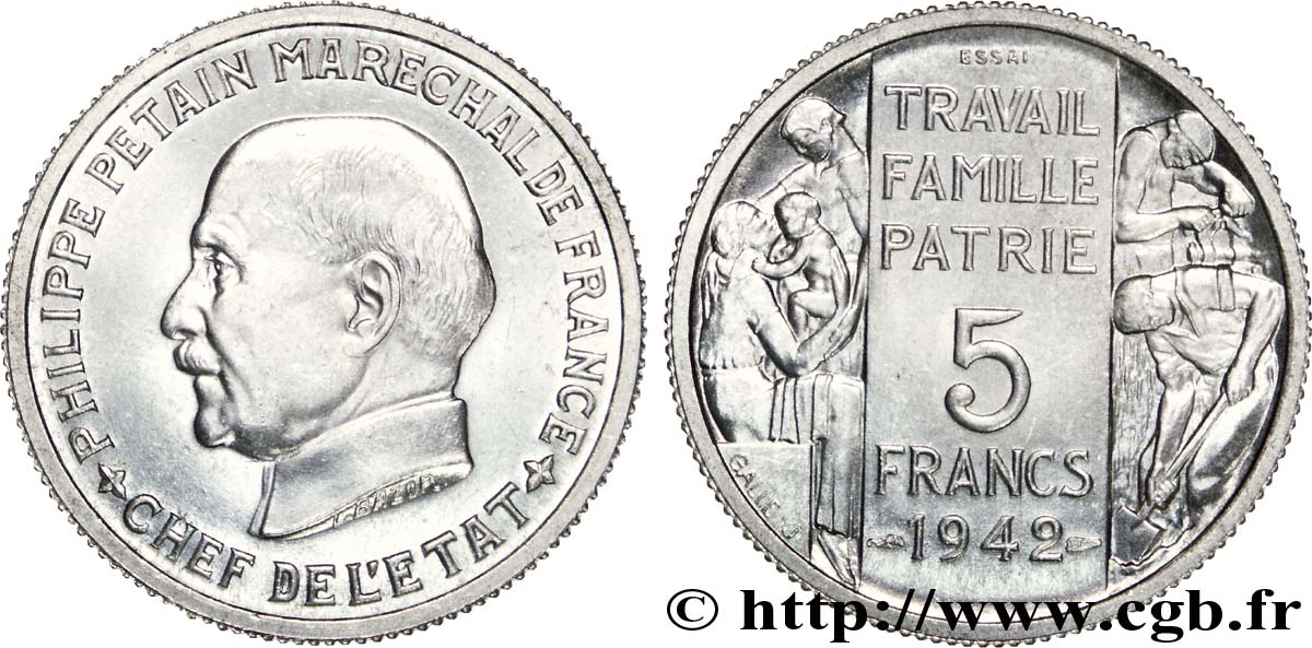 Essai grand module de 5 francs Pétain en Aluminium de Bazor et Galle 1942 Paris VG.5610  MS 