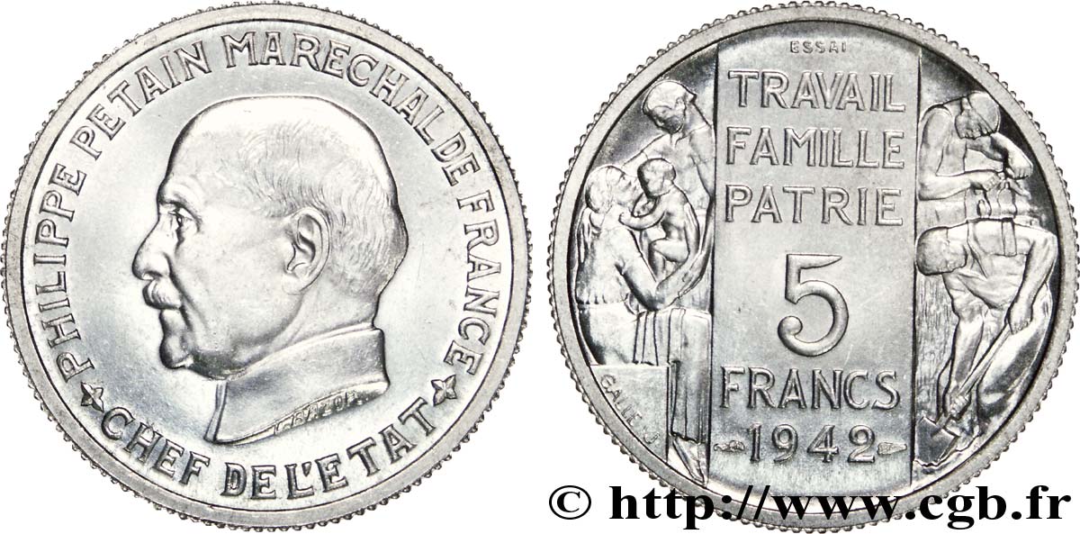 Essai grand module de 5 francs Pétain en Aluminium de Bazor et Galle 1942 Paris VG.5610  FDC 