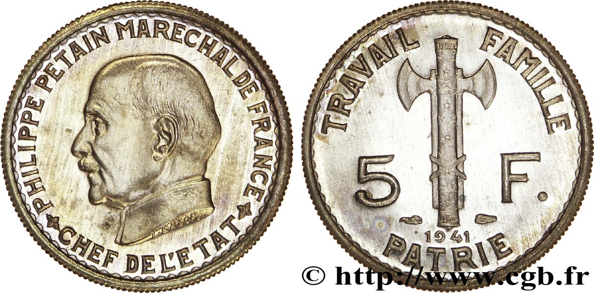 Pré-série 5 francs Pétain, légère 1941 Paris F.338/2 var. SUP 