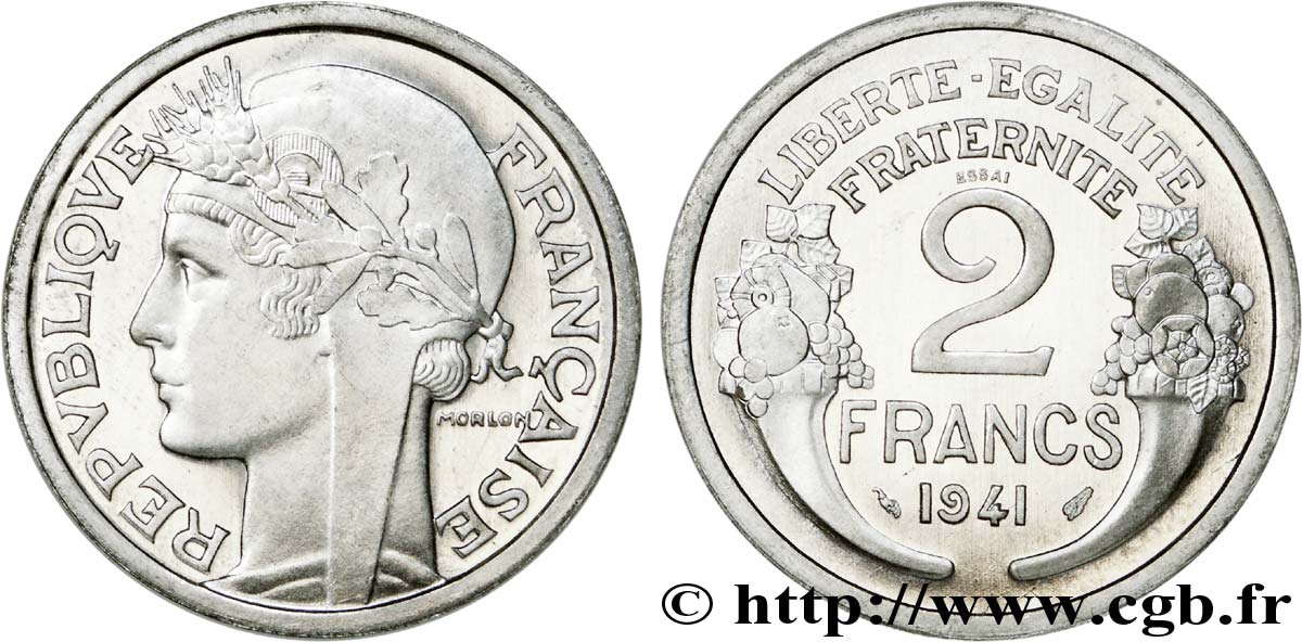 Essai en aluminium de 2 francs Morlon, très lourd 1941 Paris F.269/1 SC 