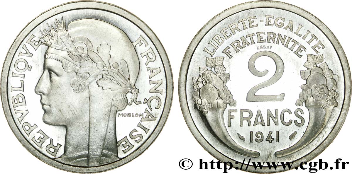 Essai en aluminium de 2 francs Morlon, lourd 1941 Paris F.269/1 fST 