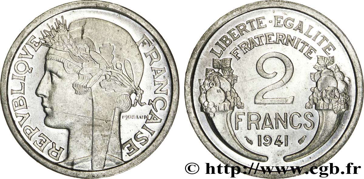 2 francs Morlon aluminium, frappe courante, poids lourd, 2,50 grammes 1941 Paris F.269/2 var. ST 