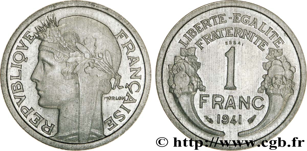 Essai en aluminium de 1 franc Morlon, léger 1941 Paris F.221/1 SPL 