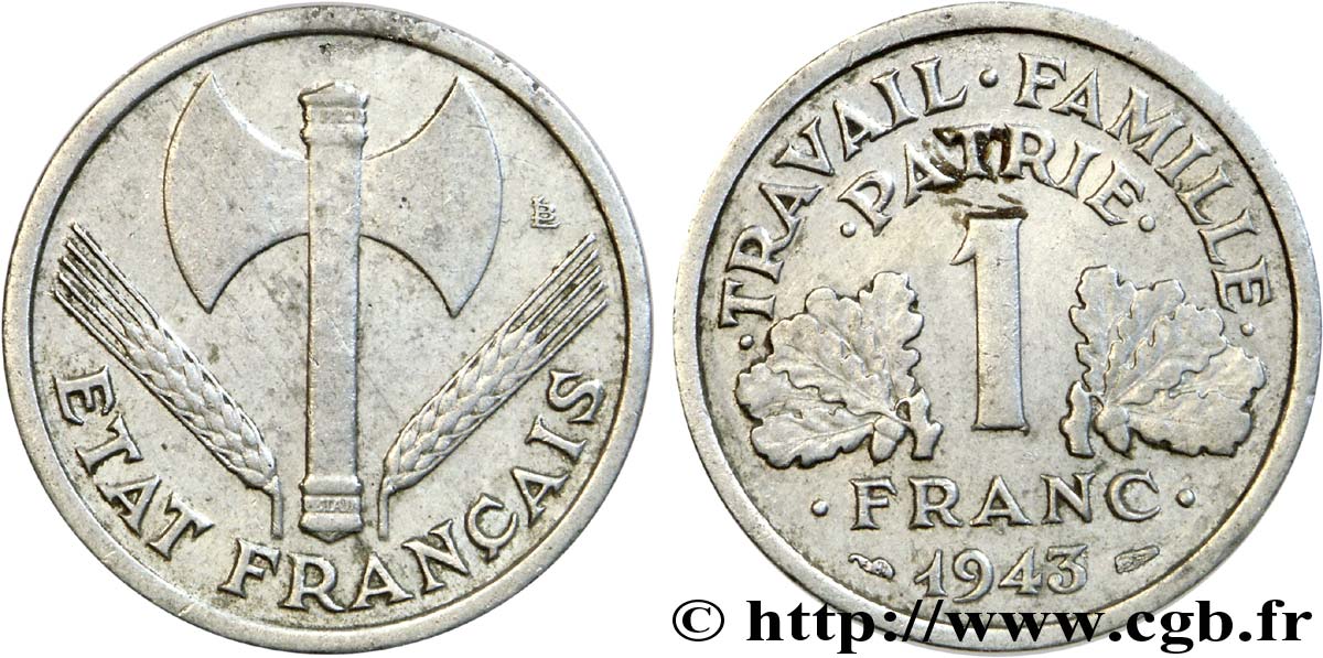 1 franc Francisque, légère, frappe médaille 1943 Paris F.223/3 var. TTB 