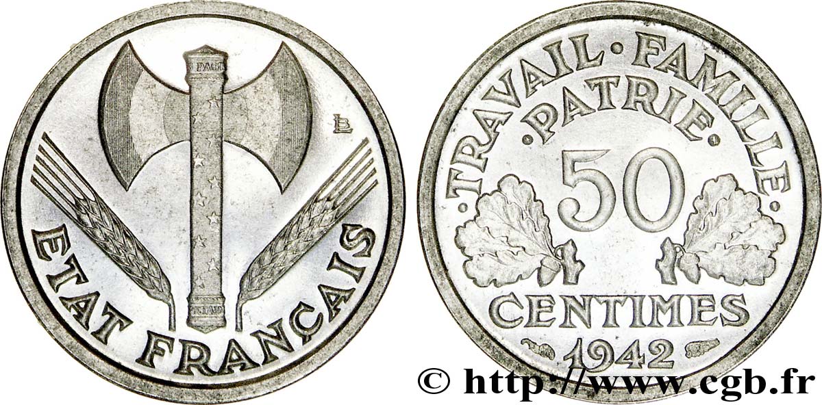 50 centimes Francisque, lourde, frappe courante, premiers exemplaires avec les croix 1942 Paris F.195/2 MS 