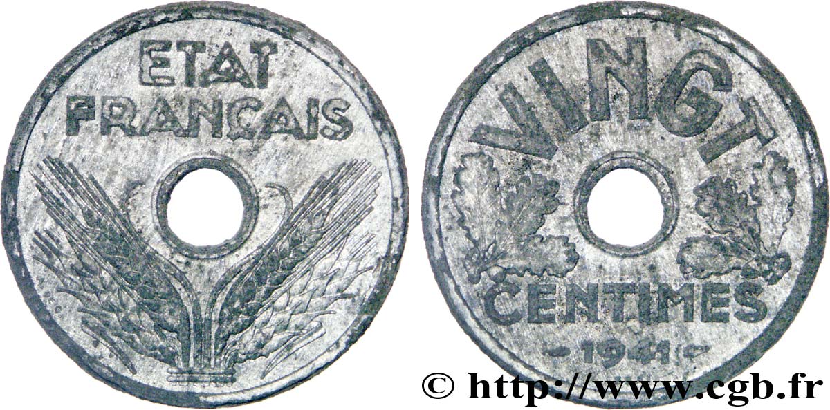 Essai-piéfort de VINGT centimes 1941 Paris F./ VZ 