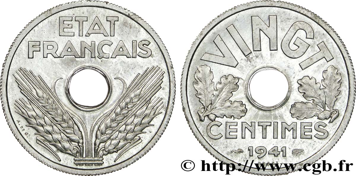 Essai de VINGT centimes État français 1941 Paris F.152/1 SPL 