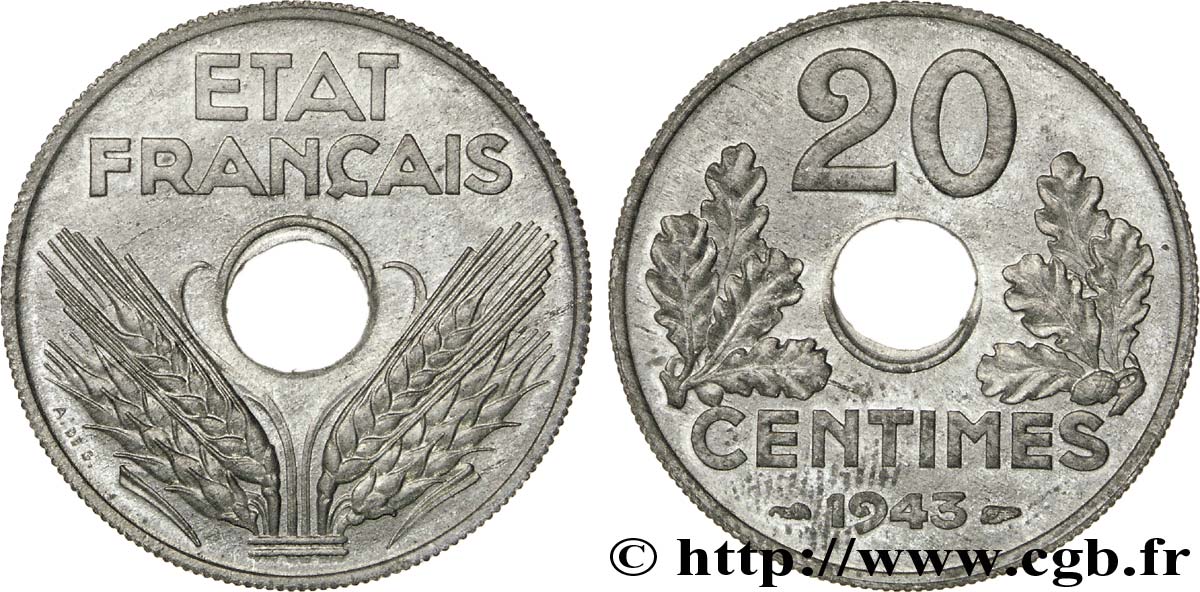 20 centimes État français, frappe courante 1943 Paris F.153A/1 SPL 
