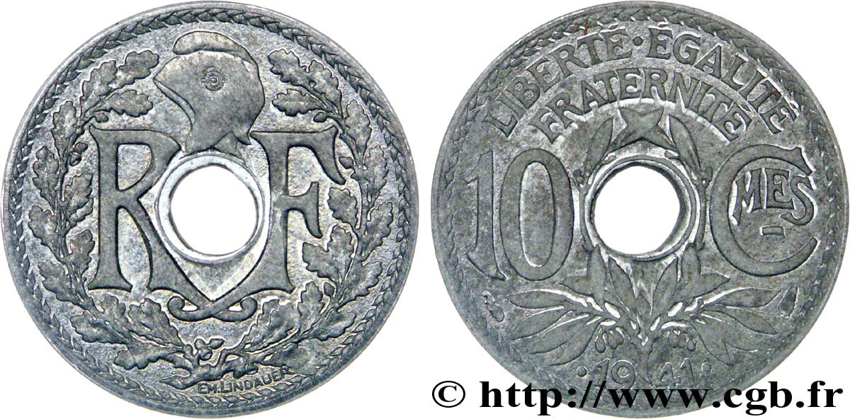 Piéfort de 10 centimes Lindauer en zinc, Cmes souligné et millésime avec points, sans le mot ESSAI 1941 Paris F.140/2P MS 