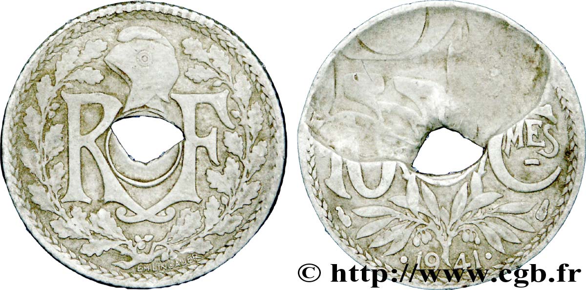 Fauté de 10 centimes Lindauer en zinc, Cmes souligné et millésime avec points 1941 Paris F.140/2 MB 