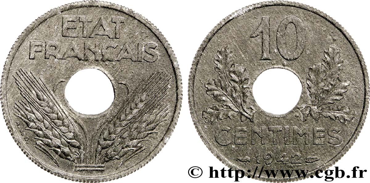 10 centimes, État français, grand module, frappe courante 1942 Paris F.141/4 AU 