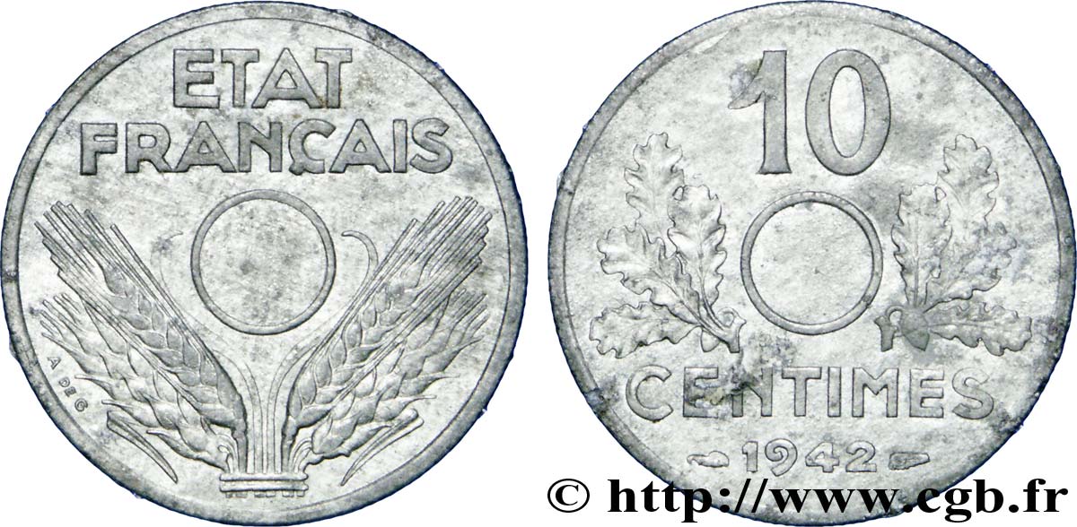 10 centimes, État français, grand module, non perforé 1942 Paris F.141/4 MBC 