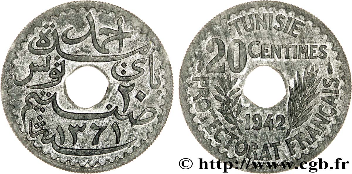 TUNISIA - FRENCH PROTECTORATE 20 centimes, frappe courante 1942 Paris SC 