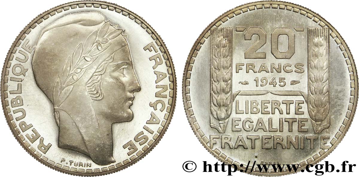 Essai de 20 francs Turin en argent, rameaux courts, lourd 1945 Paris Maz.2745 var. MS 