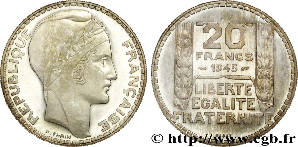 Essai de 20 francs Turin en argent, rameaux courts, léger 1945 Paris Maz.2745 var. FDC 
