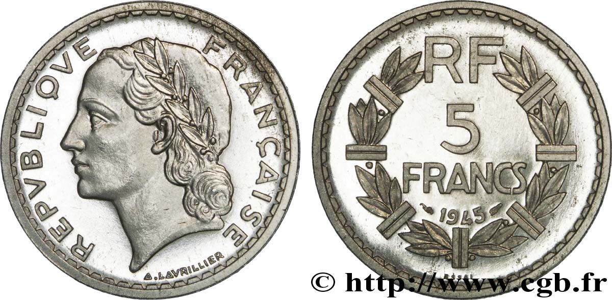 Essai-piéfort de 5 francs Lavrillier aluminium 1945  F.339/1 var. MS 