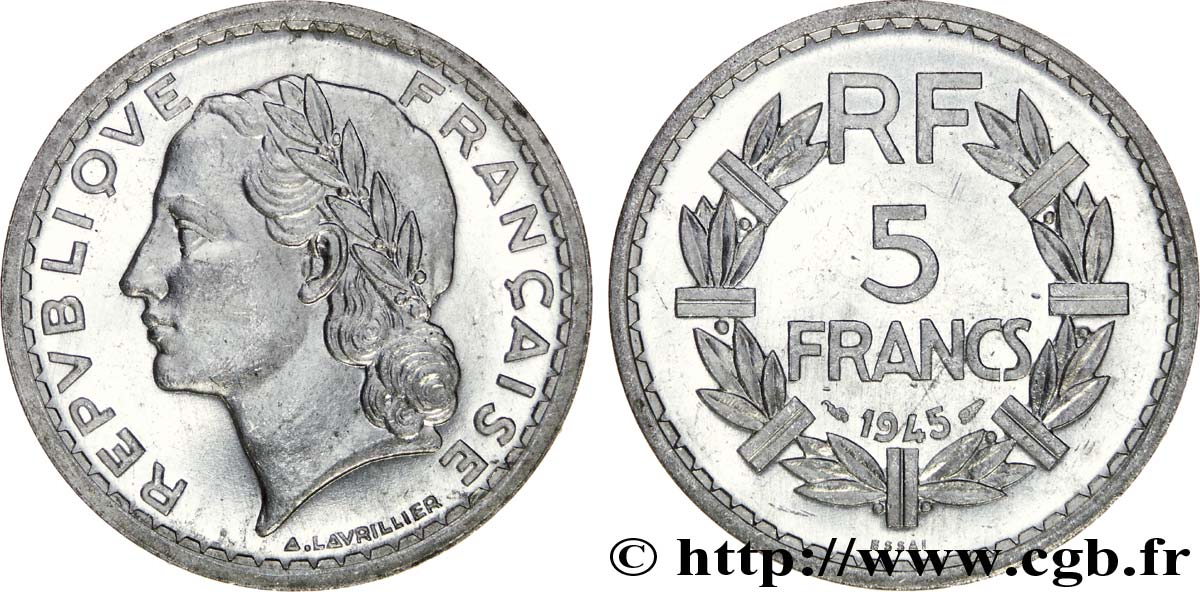 Essai de 5 francs Lavrillier, en aluminium, poids lourd 1945 Paris F.339/1 var. SPL 