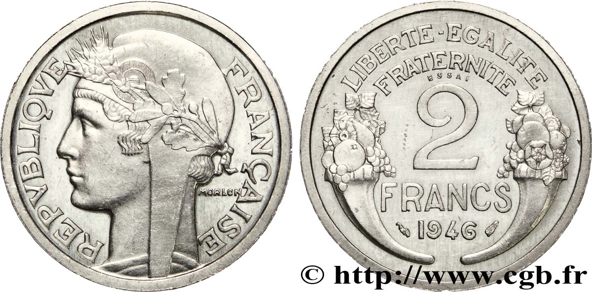 Essai-piéfort de 2 francs Morlon en aluminium 1946 Paris G.538 a P AU 