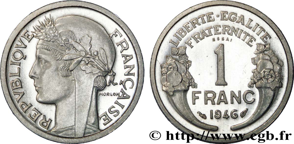 Essai-piéfort de 1 franc Morlon, légère 1946  F.221/9 var. AU 