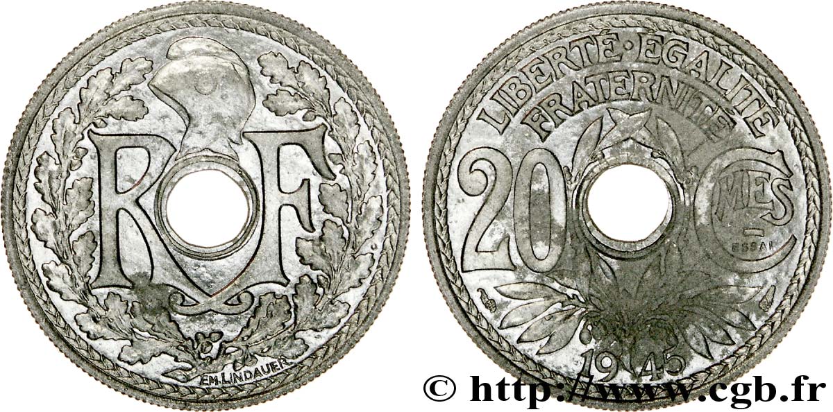 Essai de 20 centimes Lindauer en zinc, lourd ? 1945 Paris F.155/1 SPL 