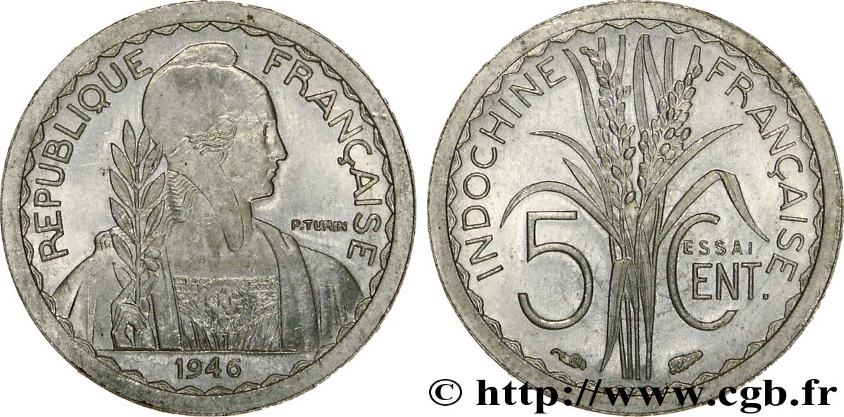 PROVISORY GOVERNEMENT OF THE FRENCH REPUBLIC - INDOCHINE Essai de 5 centimes 1946 Paris ST 