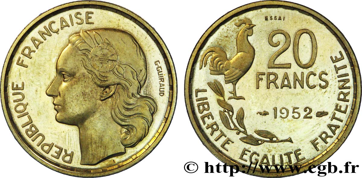 Essai-piéfort au double de 20 francs G. Guiraud, 4 faucilles 1952 Paris Maz.2767  MS 