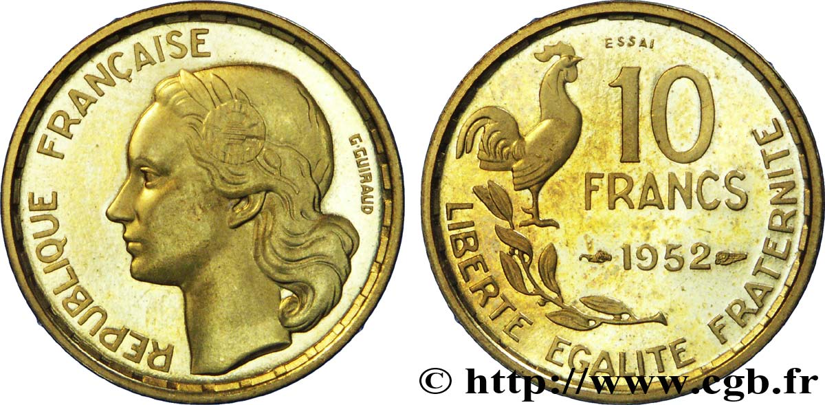 Essai-piéfort au double de 10 francs Guiraud 1952 Paris Maz.2768 a MS 