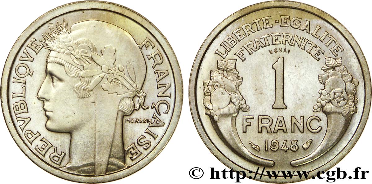 Essai de 1 franc Morlon, cupro-nickel, léger à 5,5 g 1948 Paris F.221/13 var. SPL 