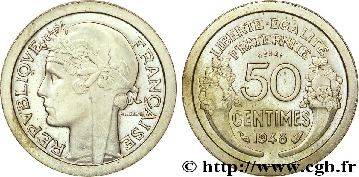 Essai lourd et étroit de 50 centimes Morlon en cupro-nickel (?) 1948 Paris Maz.2751 (1946) SC 