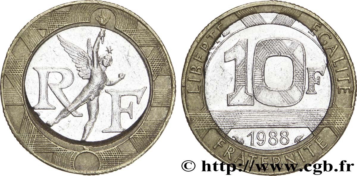 10 francs Génie de la Bastille, centre en nickel décentré 1988 Pessac F.375/2 var. XF 