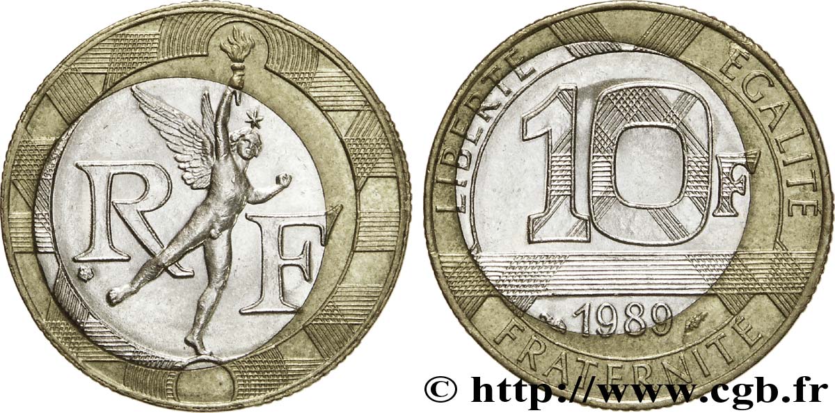 10 francs Génie de la Bastille, centre en nickel décentré 1989 Pessac F.375/3 var. TTB 