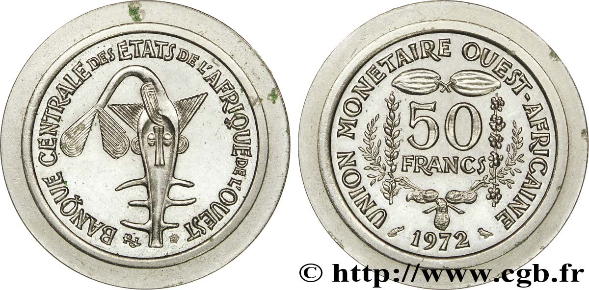 Essai de frappe pour la 2 francs Semeuse nickel avec des coins de 50 francs 1972 BCEAO 1973 Paris  SPL 