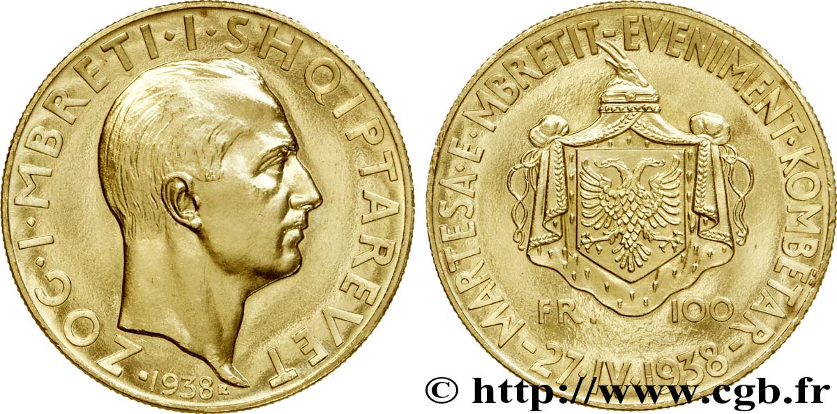 ALBANIE - RÉPUBLIQUE PUIS ROYAUME D ALBANIE - ZOG 100 francs or 1938  fST 