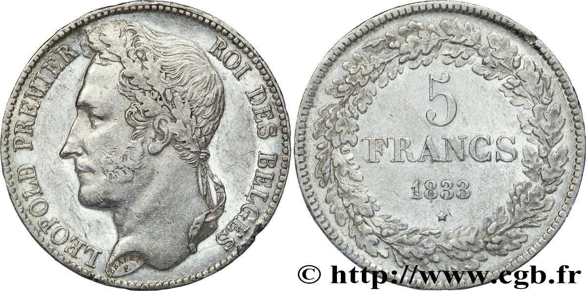 BELGIUM - KINGDOM OF BELGIUM - LEOPOLD I 5 francs Léopold Ier, tête laurée, tranche en creux 1833 Bruxelles XF 