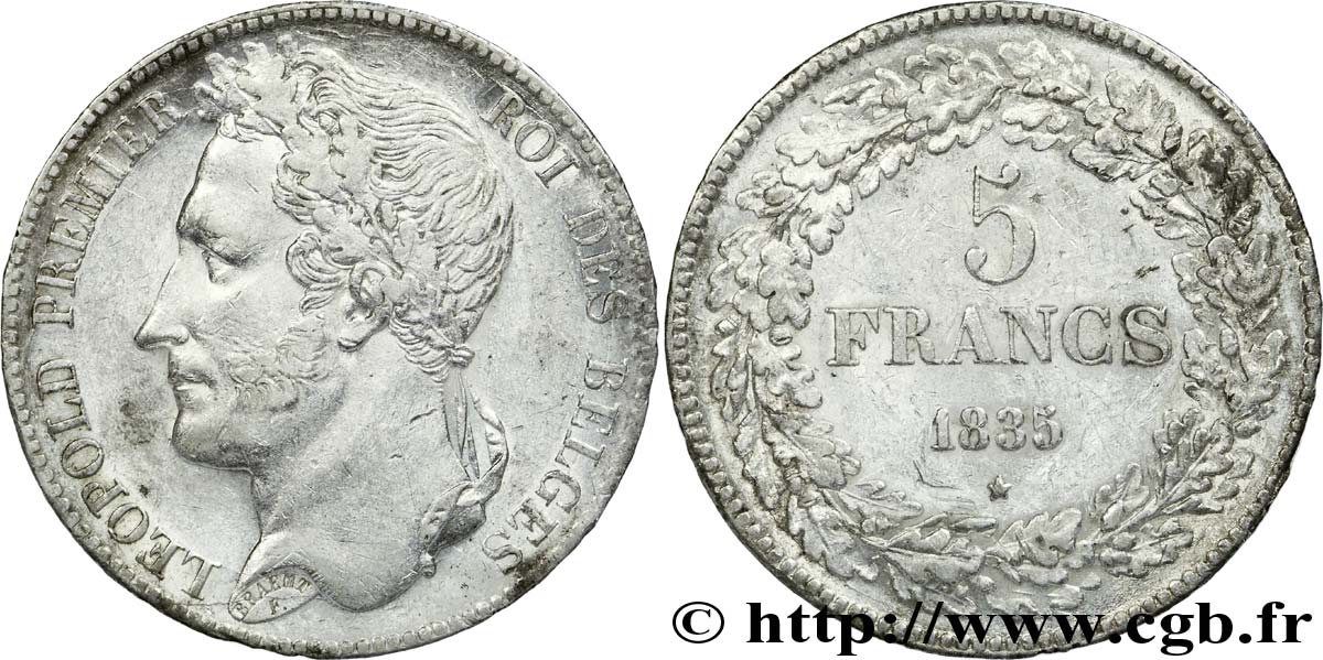 BELGIUM - KINGDOM OF BELGIUM - LEOPOLD I 5 francs Léopold Ier, tête laurée, tranche en creux 1835 Bruxelles XF 