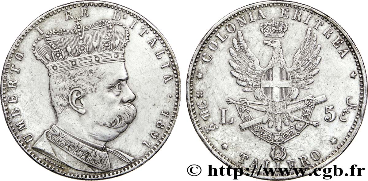 ERITREA - KINGDOM OF ITALY - UMBERTO I Tallero ou pièce de 5 lire 1891 Rome XF 